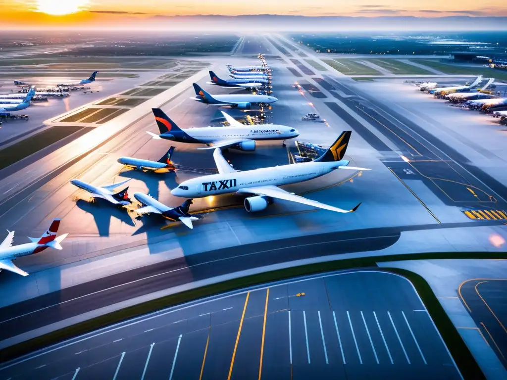 Vista aérea impresionante de un aeropuerto internacional, con aviones coloridos y la importancia del transporte aéreo en pleno auge