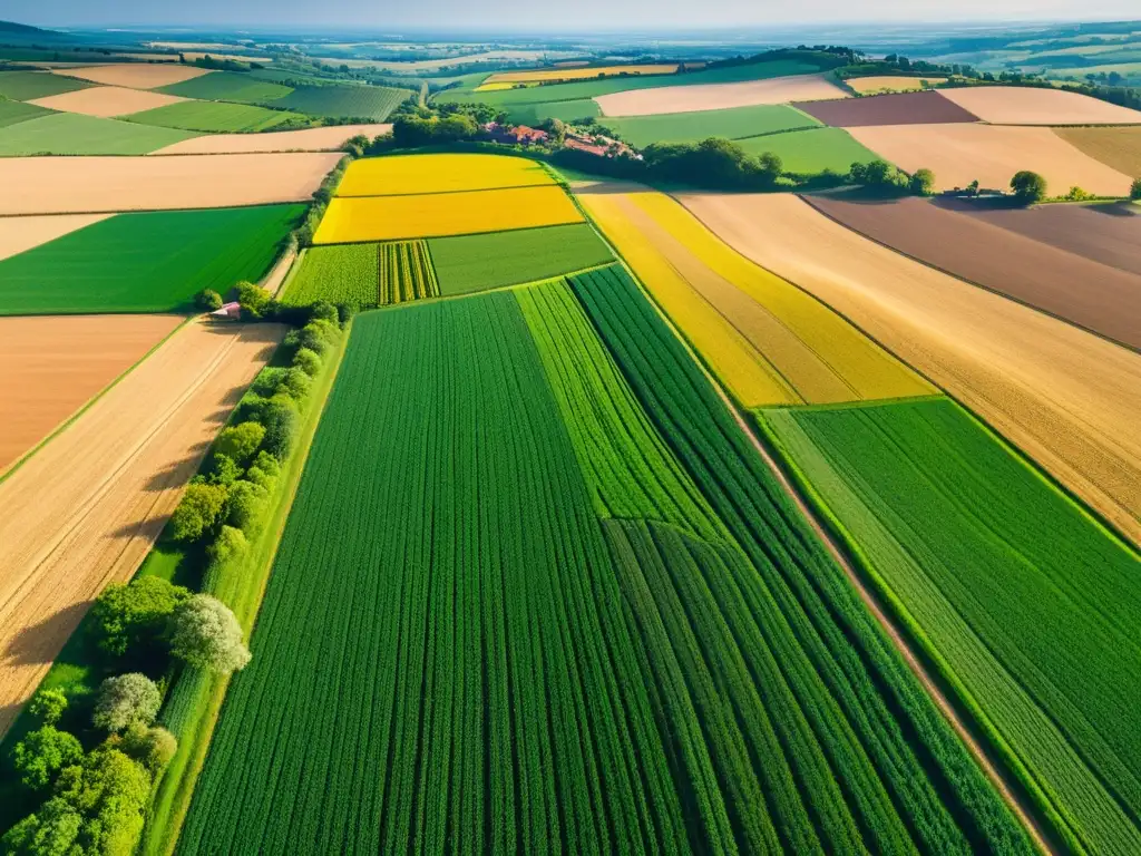 Vista aérea impresionante de campos verdes interminables, conectando productores sostenibles globalmente