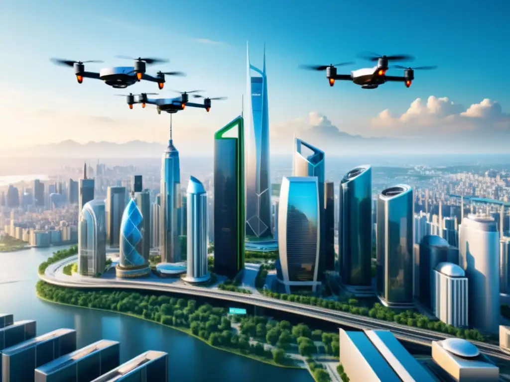 Vista de una ciudad futurista con drones de entrega sostenible 5G en el comercio electrónico, mostrando innovación tecnológica y prácticas sostenibles