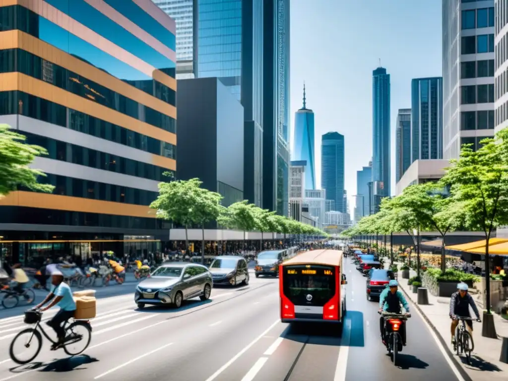 Vista de la ciudad con tráfico de bicicletas, camiones de reparto y peatones