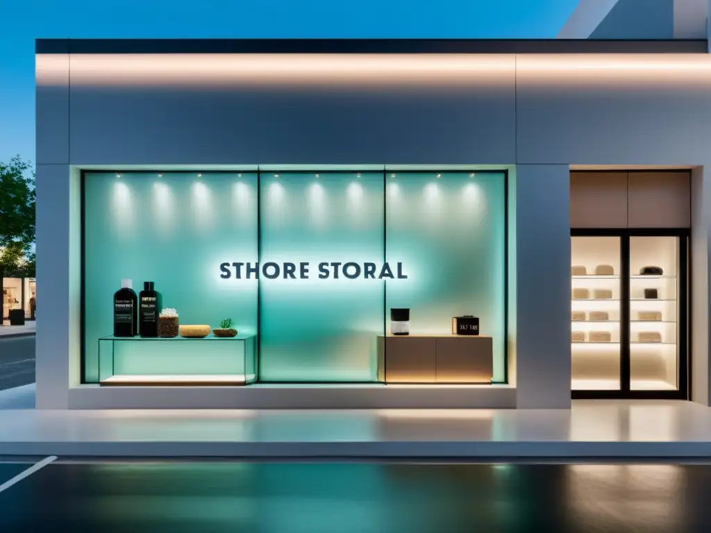 Vista de una elegante tienda con escaparate moderno y productos en iluminación suave, capturando el marketing sensorial en eCommerce