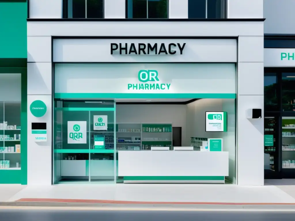 Vista de la fachada moderna y minimalista de una farmacia, con un diseño elegante y estrategias omnicanal farmacias