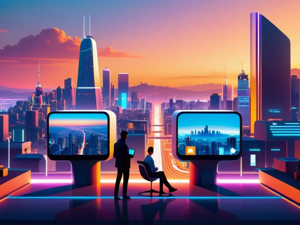 Vista futurista de la ciudad al atardecer con integración de bots de redes sociales y humanos interactuando