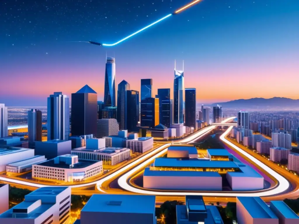 Vista futurista de una ciudad con luces de neón, integrando tecnología y comercio