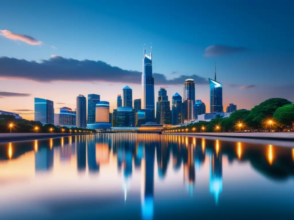 Vista futurista de la ciudad al anochecer, con rascacielos iluminados reflejándose en el río, creando un ambiente sofisticado