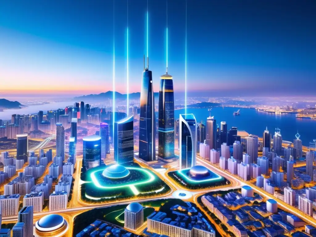 Vista futurista de una ciudad con torres 5G integradas entre edificios, simbolizando la expansión global del comercio electrónico con tecnología 5G