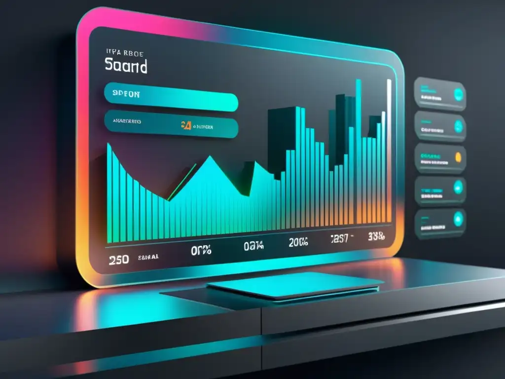 Vista futurista de un panel de análisis con IA para análisis competitivo en ecommerce, en un entorno tecnológico de alto nivel