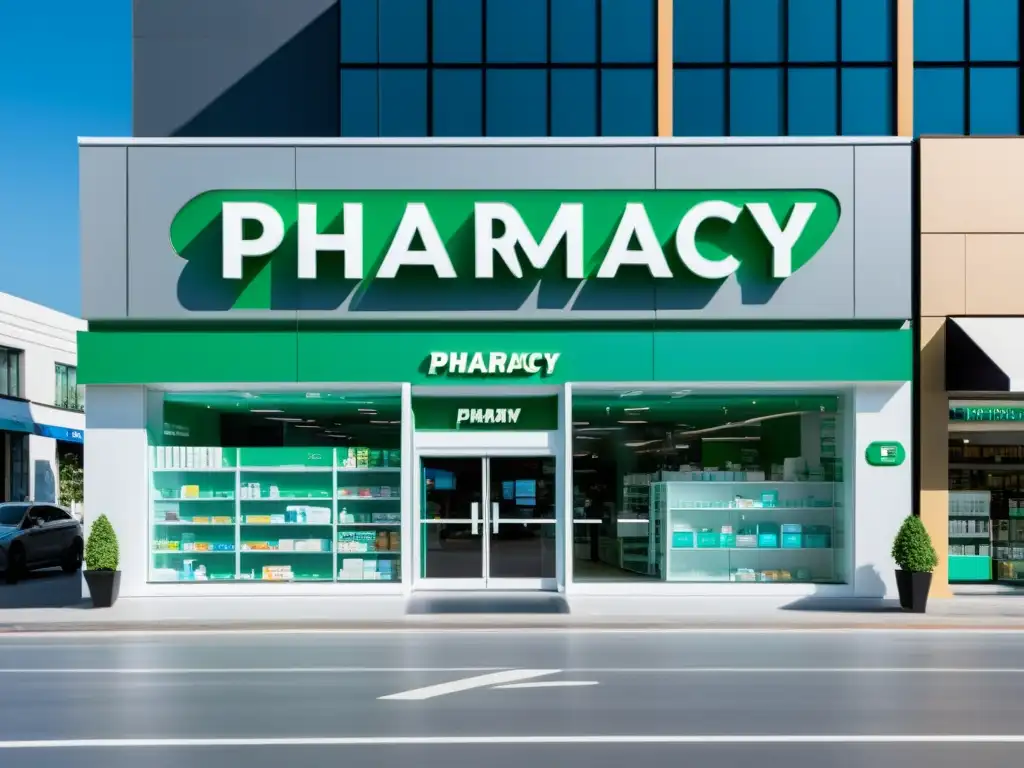 Vista moderna de una farmacia online con un diseño minimalista y elegante en una concurrida área urbana