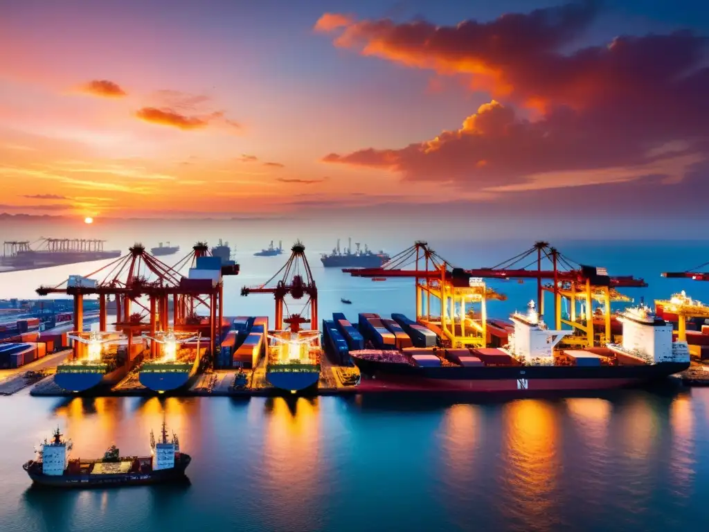 Vista panorámica de un bullicioso puerto industrial al atardecer, con barcos cargueros y una red de logística en cadenas de suministro globales