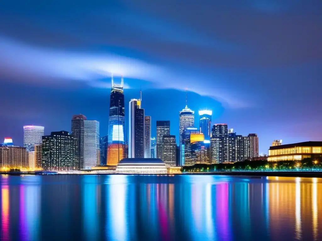 Vista panorámica de una ciudad en el atardecer, con rascacielos brillantes y luces de autos, reflejándose en el agua