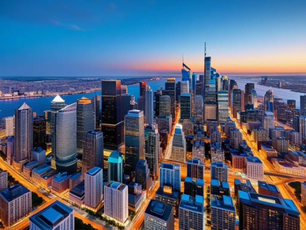 Vista panorámica de una ciudad moderna y vibrante al anochecer, con rascacielos imponentes y luces brillantes