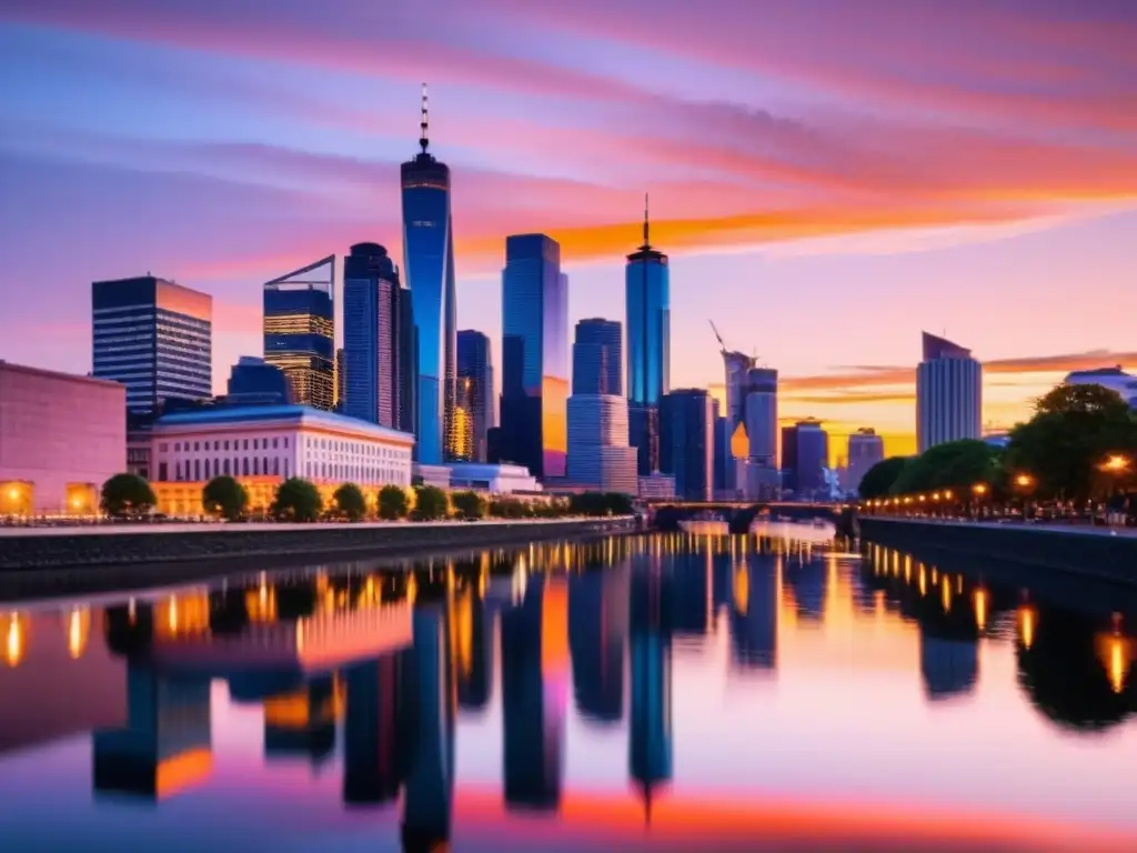 Vista panorámica de una ciudad vibrante al atardecer, con rascacielos iluminados reflejados en el río