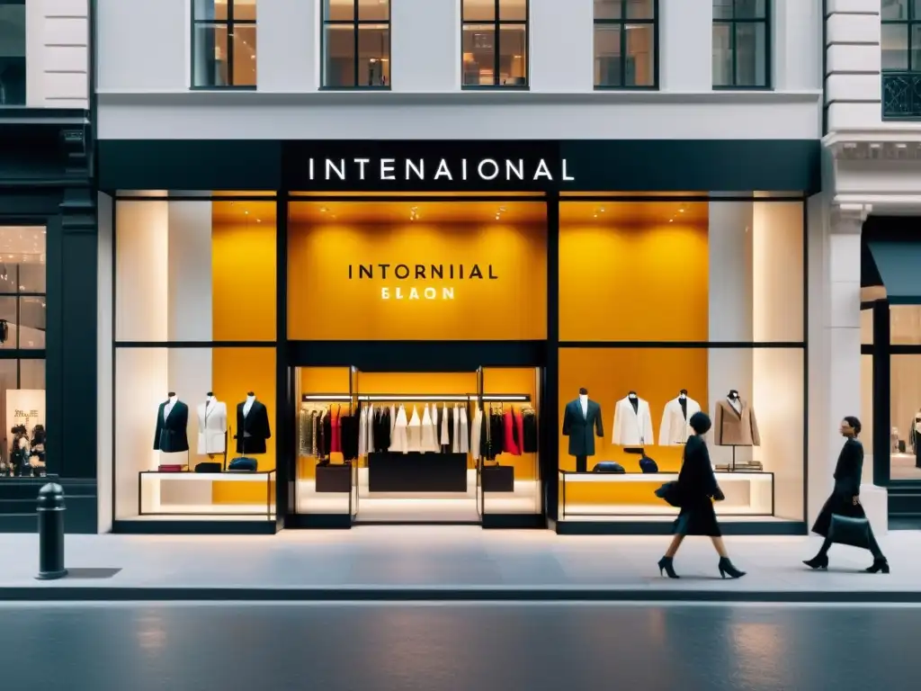 Vista de una tienda moderna con grandes ventanales y marcas de moda internacional, en una bulliciosa calle cosmopolita