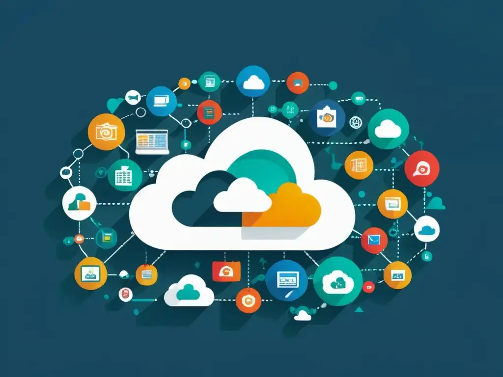 Representación visual de la escalabilidad del negocio con cloud computing: nube con iconos empresariales interconectados