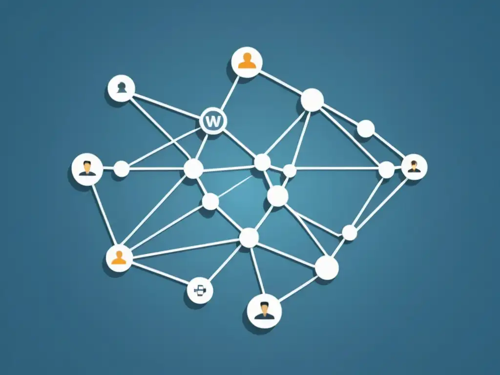 Representación visual de estrategias de marketing de afiliados, con nodos interconectados en una red precisa y estratégica