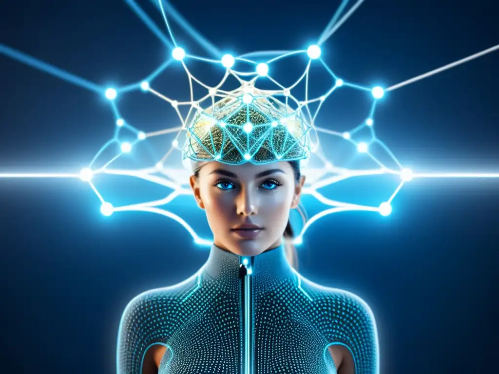 Representación visual futurista y minimalista de un análisis predictivo en comercio electrónico con una red neuronal y puntos de datos interconectados en tonos de azul suave