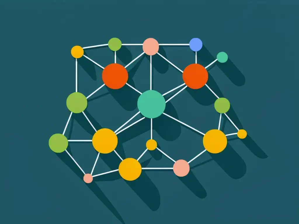 Representación visual minimalista de una red de nodos interconectados que simbolizan productos, con líneas que muestran relaciones