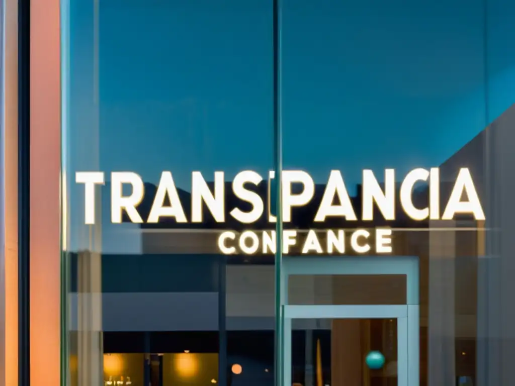 Una vitrina de vidrio transparente con las palabras 'Transparencia y Confianza' grabadas en letras elegantes y audaces