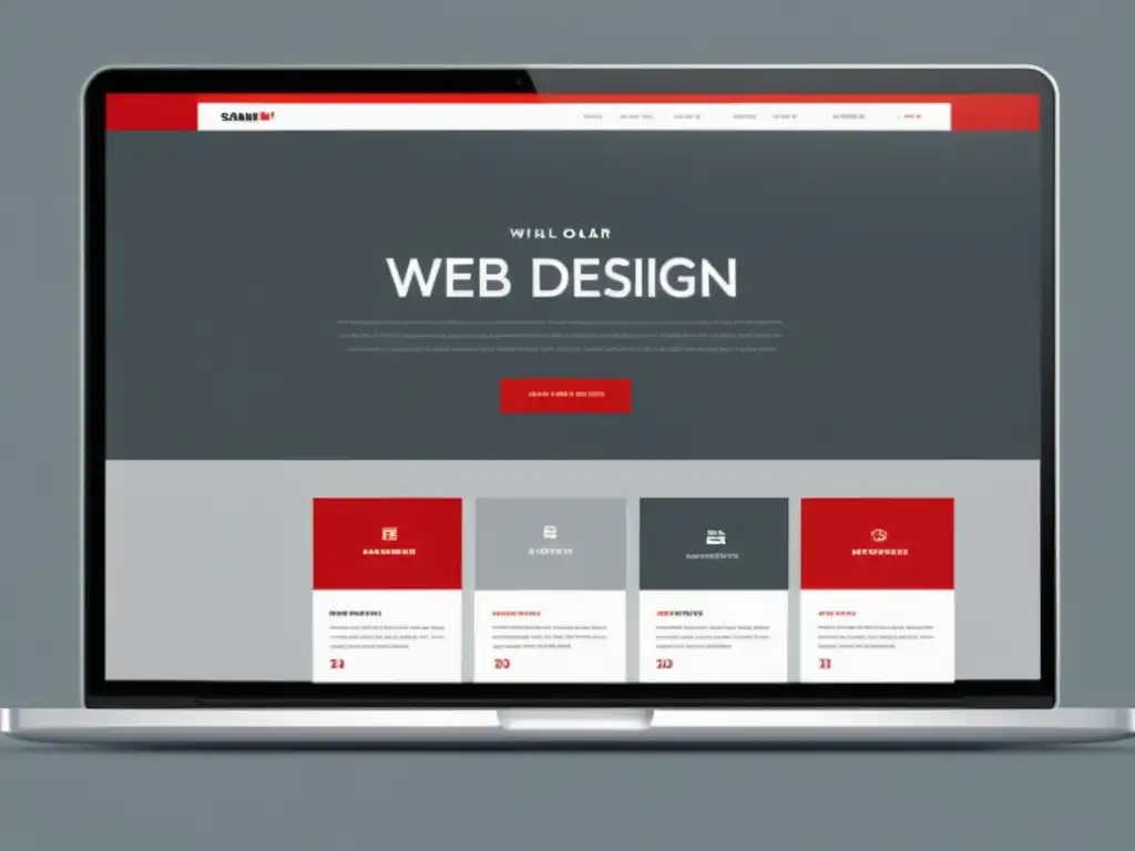 Web minimalista con diseño geométrico asimétrico en tonos grises y toque de rojo